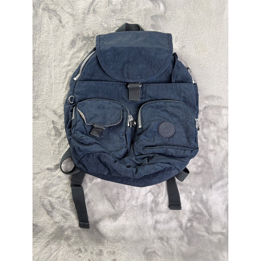 Kipling Firefly Small Backpack Navy Blue Crinkle Zip Pockets Travel Bag Womens